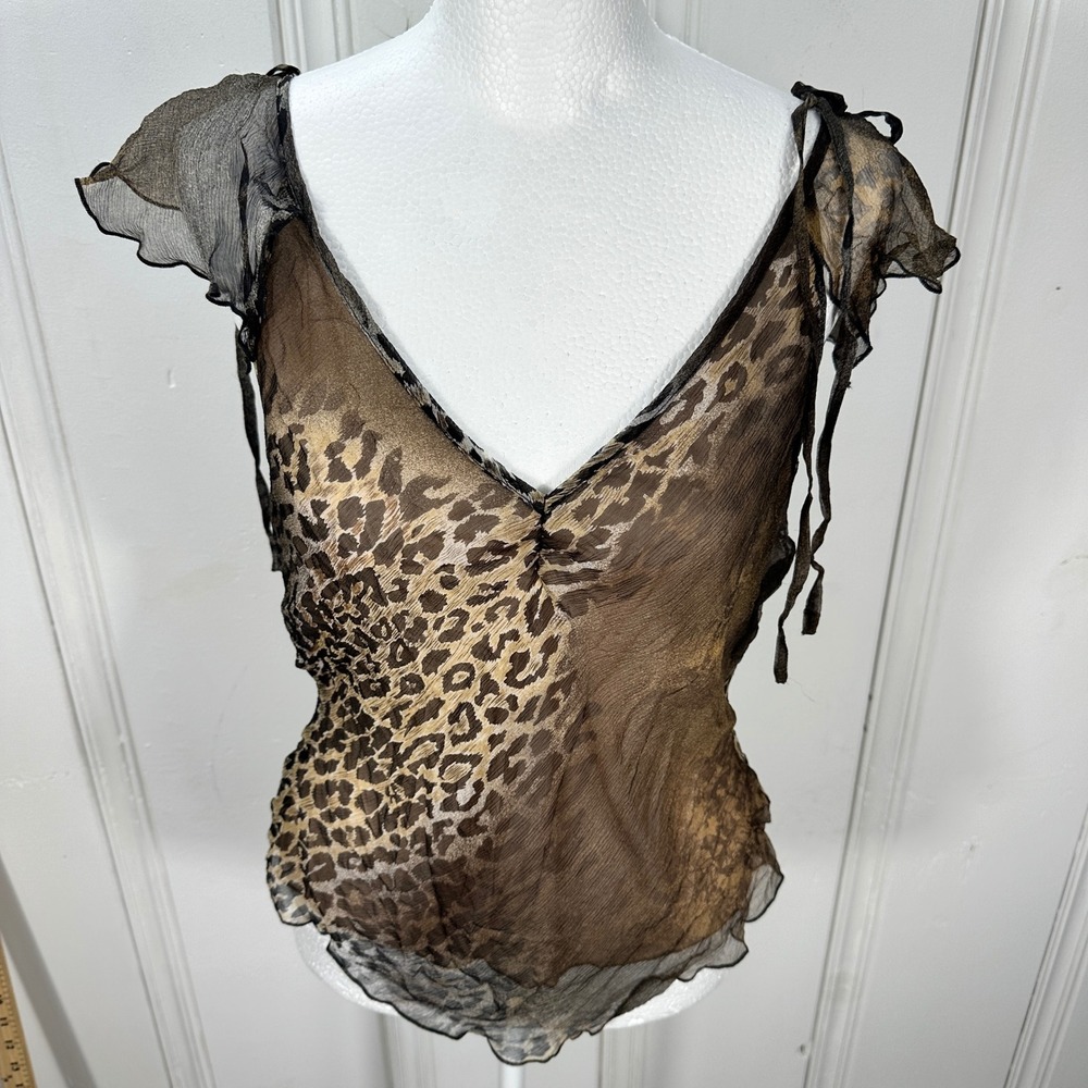 Vintage Y2K Guess Jeans Silk Leopard Sheer Blouse Top M Tie Shoulder Ruffle 2000